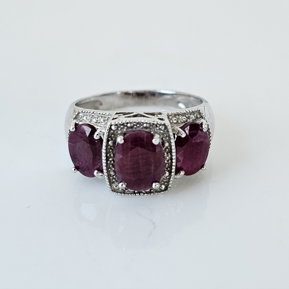 Genuine Ruby & Diamond Ring Sterling Silver Size … - image 1